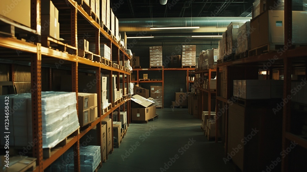 Fototapeta premium Warehouse Storage with Shelves Full of Cardboard Boxes, Distribution Center Concept