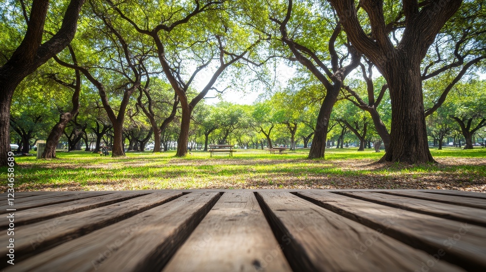 Fototapeta premium Wood table for food and product display placed over a blurred green tree garden