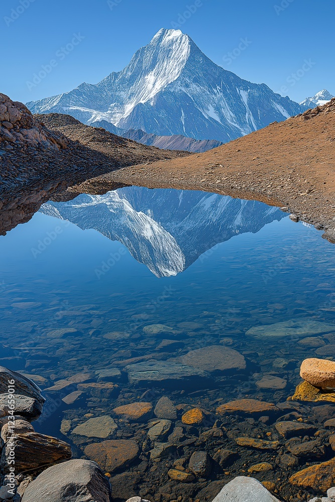 Obraz premium Stunning mountain reflection in clear lake with rocky shoreline during bright sunny day