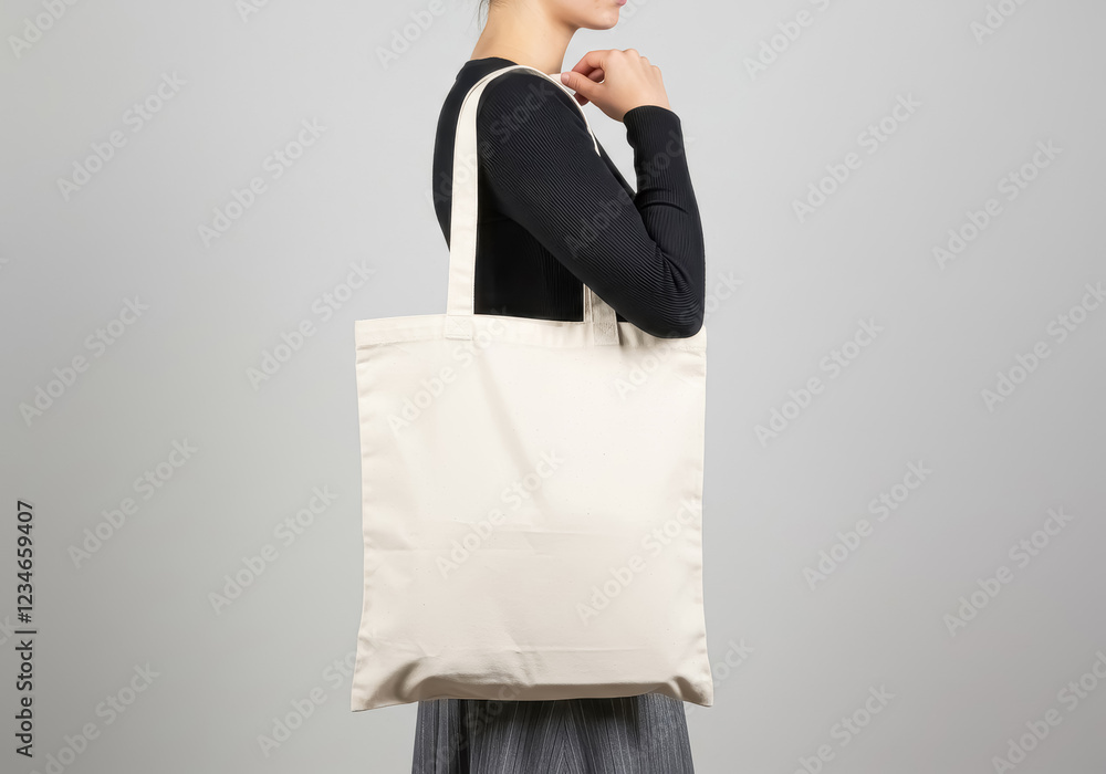 A plain white canvas tote bag carried on the shoulder of a person wearing a black top and a gray skirt A plain white canvas tote bag carried on the shoulder of a person wearing a black top and a gray skirt