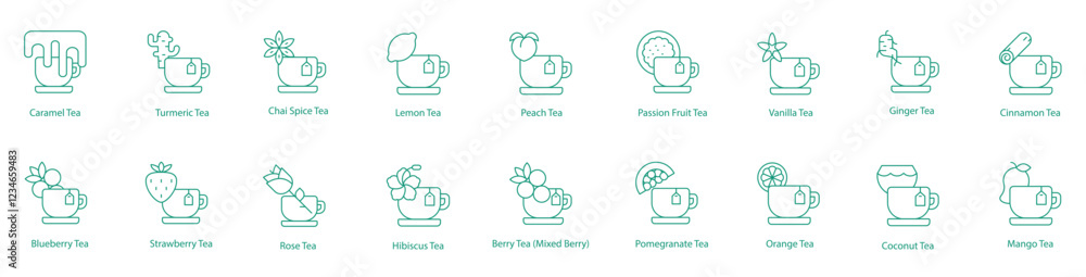 Fototapeta premium Diverse Tea Vector Icons: A Wide Range of Flavors and Aromas