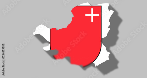 Vector graphic with 3d shape of Swiss Canton of Schwyz with coat of arms against gray background. Illustration made February 1st, 2025, Zurich, Switzerland.