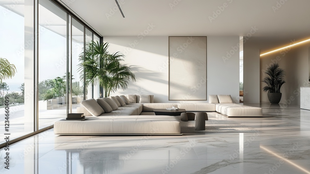 Fototapeta premium Living room with sofas, plants, and marble floor; outdoor view from windows