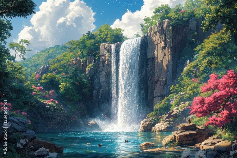 Serene Waterfall Cascading into Lush Tropical Paradise Serene Waterfall Cascading into Lush Tropical Paradise
