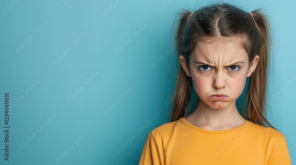 A young girl stands against a blue background, her arms crossed and brows furrowed, expressing frustration or dissatisfaction with ample copy space. A young girl stands against a blue background, her arms crossed and brows furrowed, expressing frustration or dissatisfaction with ample copy space.