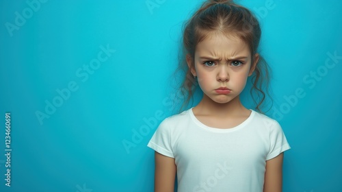 A young girl stands against a blue background, her arms crossed and brows furrowed, expressing frustration or dissatisfaction with ample copy space.