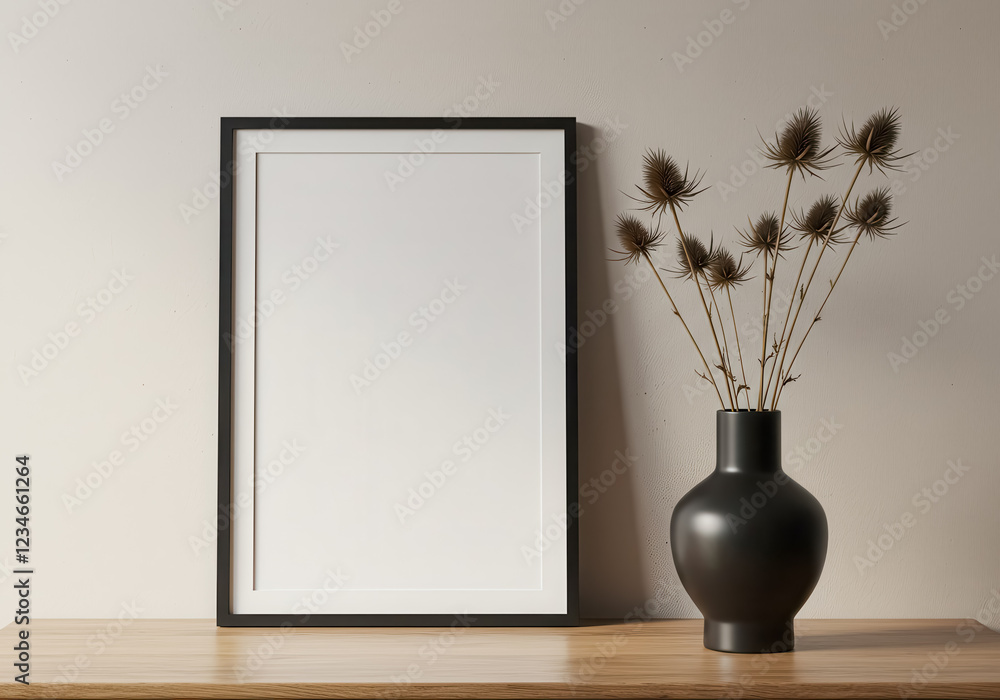 A black framed poster with a blank white canvas placed on a wooden tabletop A black framed poster with a blank white canvas placed on a wooden tabletop