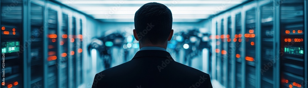 A silhouette of a person in a suit faces a row of server racks, illuminated by colorful lights, suggesting a high-tech environment. A silhouette of a person in a suit faces a row of server racks, illuminated by colorful lights, suggesting a high-tech environment.