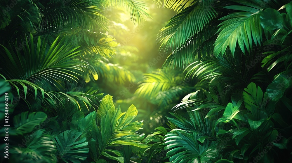 Fototapeta premium Lush tropical jungle with sunlit foliage