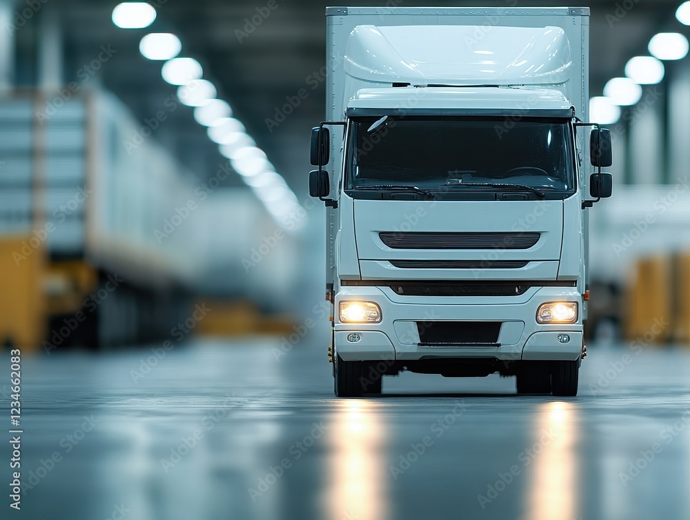 A white delivery truck parked in a spacious warehouse, illuminated by bright overhead lights, showcasing a clean and organized logistics environment. A white delivery truck parked in a spacious warehouse, illuminated by bright overhead lights, showcasing a clean and organized logistics environment.