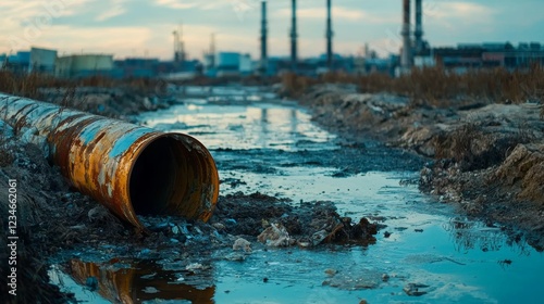 Polluted Industrial Landscape With Rusty Pipe Discharging Wastewater