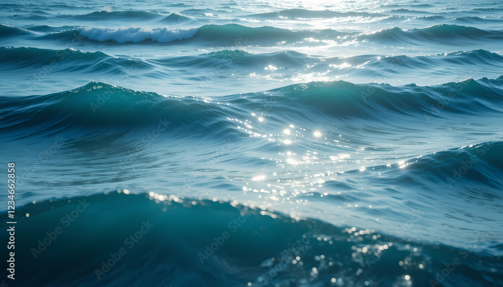 Fototapeta premium Blue ocean waves crash reflecting sunlight on the surface under a summer sky
