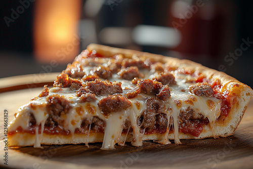 Wallpaper Mural Delicious slice of pizza with melted cheese and savory sausage served on a wooden board at a cozy restaurant Torontodigital.ca