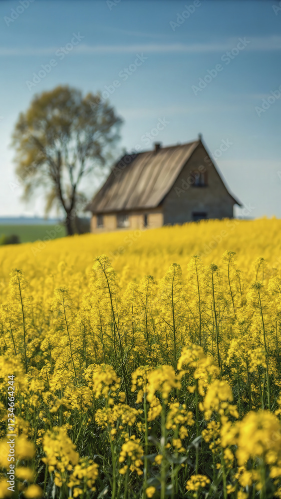 vibrant field of yellow rapeseed flowers with rustic house and tree in background vibrant field of yellow rapeseed flowers with rustic house and tree in background