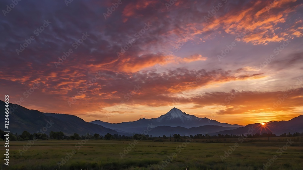 A captivating sunset scene with a majestic mountain in the background, its towering peak silhouetted against the vibrant sky. A captivating sunset scene with a majestic mountain in the background, its towering peak silhouetted against the vibrant sky.