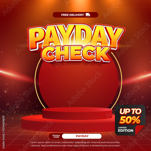 Payday Shopping Promo Sale discount deals Dynamic Black Red gradient Editable text effect with Red Gold Circle Podium Showcase and Flash Light Square banner