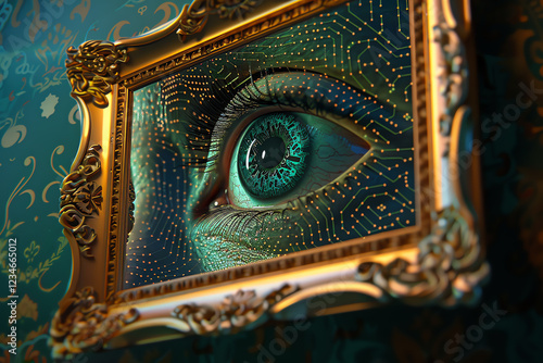 Craft a scene where a giant floating eye covered in intricate circuit patterns peers into a distorted mirror reflecting inner fears and desires, exploring the psychological theme of introspection thro photo