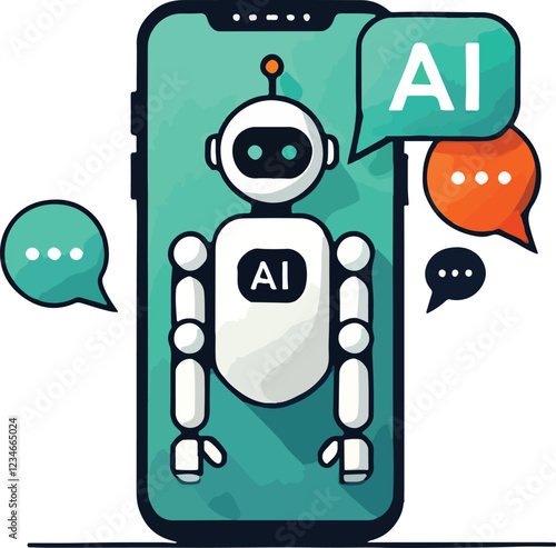 A modern minimalist illustration representing AI-powered multilingual support. A robot figure is emerging from a smartphone screen, symbolizing AI.