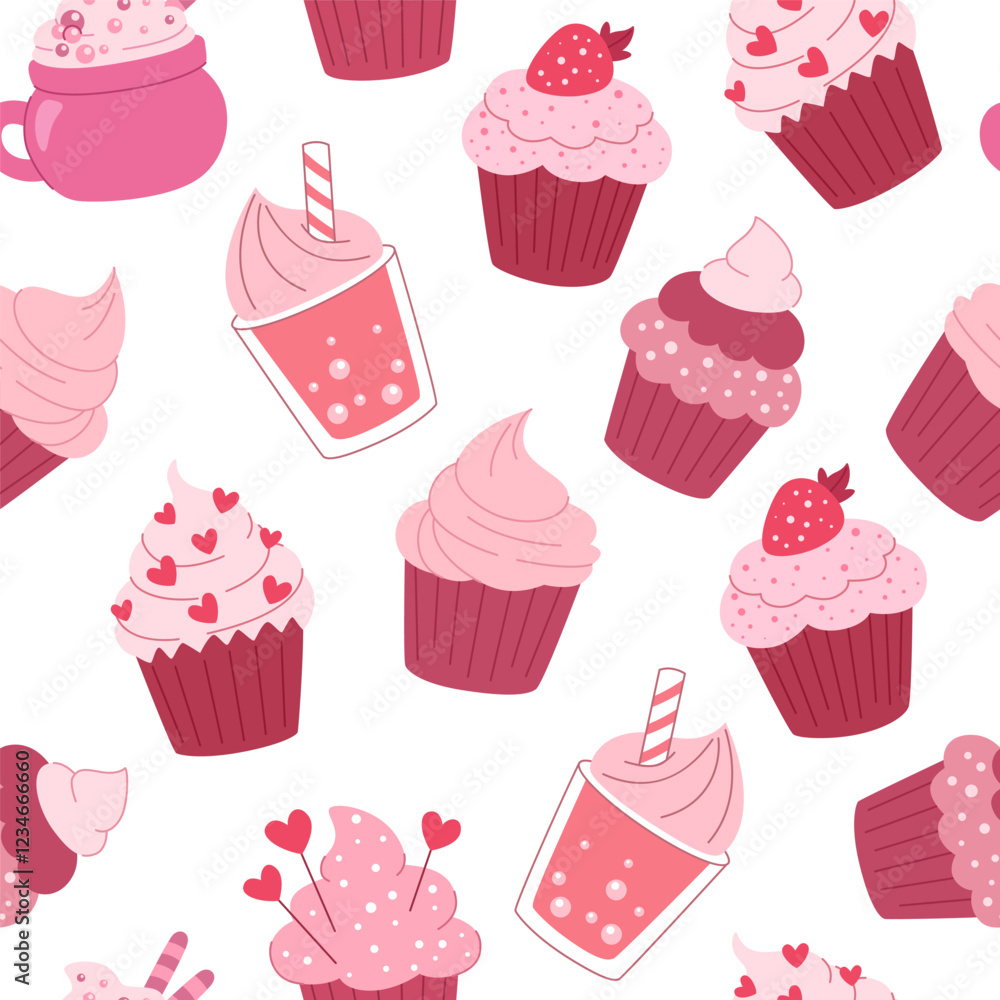 Sweet cupcakes with hearts seamless pattern. Love valentine day background. Romantic pink desserts. Sweet cupcakes with hearts seamless pattern. Love valentine day background. Romantic pink desserts.