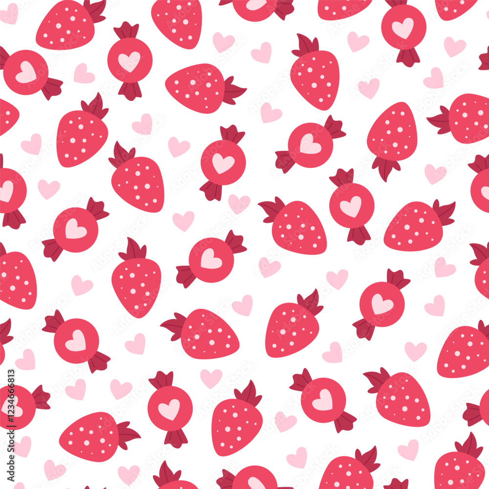Cute candies, strawberries and hearts seamless pattern for Valentine's day. Sweet food and berries romantic love pattern. Cute candies, strawberries and hearts seamless pattern for Valentine's day. Sweet food and berries romantic love pattern.