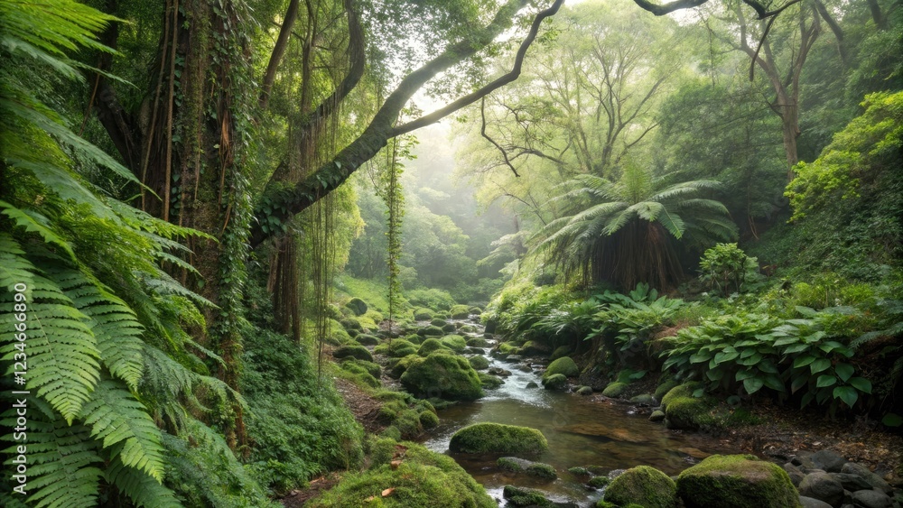 Hidden Stream Flowing Through an Exotic Tropical Forest. Generative AI Hidden Stream Flowing Through an Exotic Tropical Forest. Generative AI