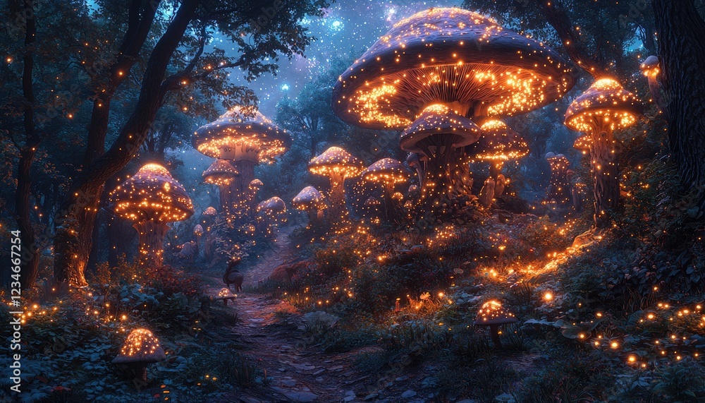 Obraz premium Enchanting Luminous Mushroom Forest Path At Night