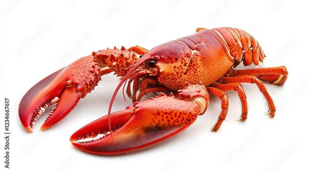 Close up of a red lobster on a white background, showing its claws and detailed texture. The image is brightly lit, highlighting the lobster's Close up of a red lobster on a white background, showing its claws and detailed texture. The image is brightly lit, highlighting the lobster's