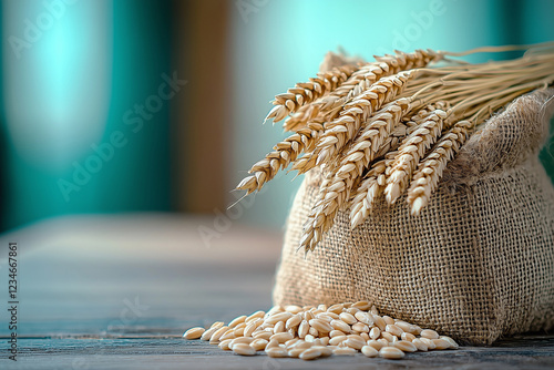 Natural wheat sheaves and grains displayed in a rustic setting with soft lighting for agricultural aesthetics