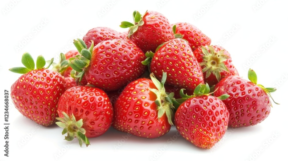 Fresh strawberries clustering together, revealing deep crimson hue and bright green leaves against pristine white surface, highlighting natural fruit beauty Fresh strawberries clustering together, revealing deep crimson hue and bright green leaves against pristine white surface, highlighting natural fruit beauty