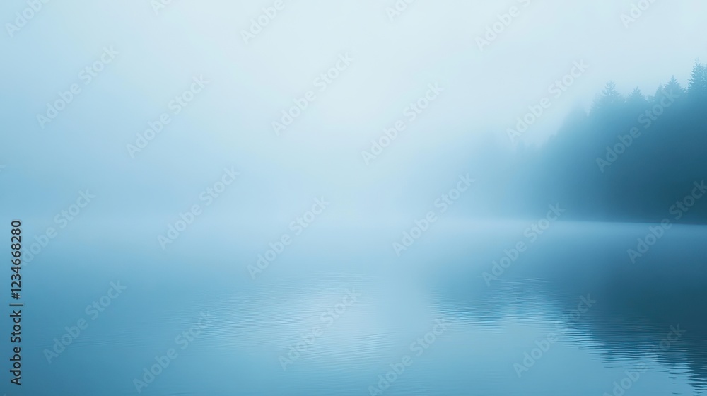 Fototapeta premium Serene Misty Lake Scene with Ripples and Forest Silhouette