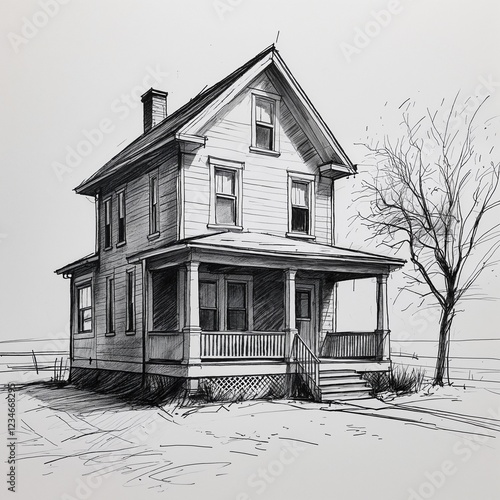 Saltbox house art black and white flat design simple line hand drawing on plain white background photo