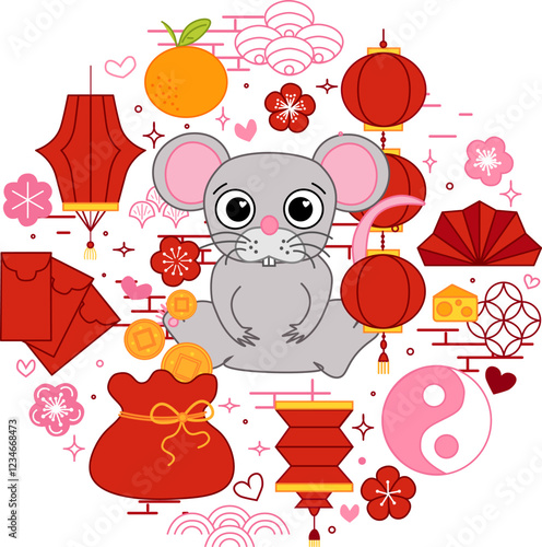 CNY rat mouse 2032 circle round composition vector typographic illustration of chinese new year traditional elements. vector graphic line illustration on transparent background. lunar lantern festival