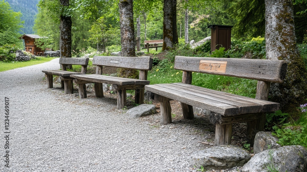 A serene park features a row of rustic wooden benches, inviting visitors to sit A serene park features a row of rustic wooden benches, inviting visitors to sit