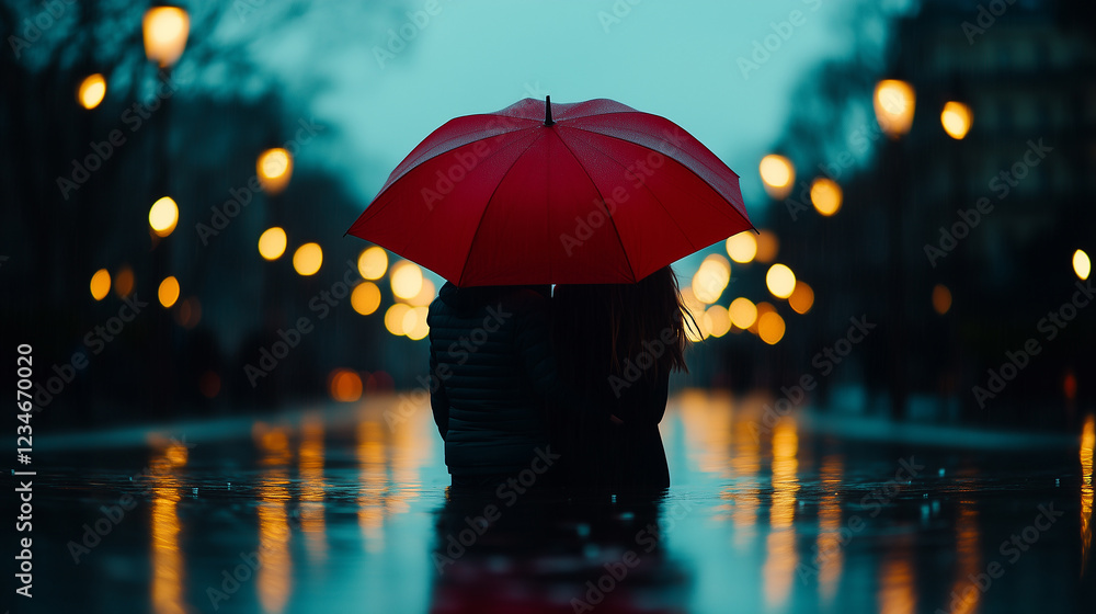 Couple under a red umbrella walking along a rainy street illuminated by lampposts at dusk Couple under a red umbrella walking along a rainy street illuminated by lampposts at dusk