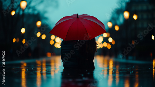 Wallpaper Mural Couple under a red umbrella walking along a rainy street illuminated by lampposts at dusk Torontodigital.ca