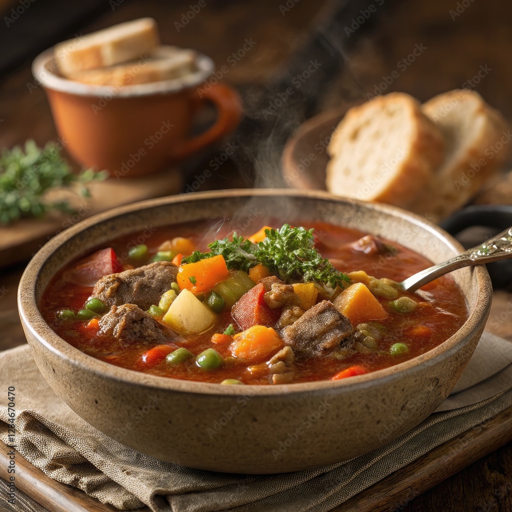 Hearty Hamburger Soup With Colorful Vegetables Served Warm. Generative AI Hearty Hamburger Soup With Colorful Vegetables Served Warm. Generative AI