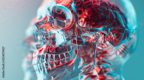 Futuristic 3D-rendered translucent skull with neural connections