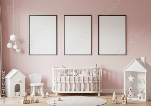 A serene nursery setting with three blank vertically aligned posters framed in black on a pastel pink wall