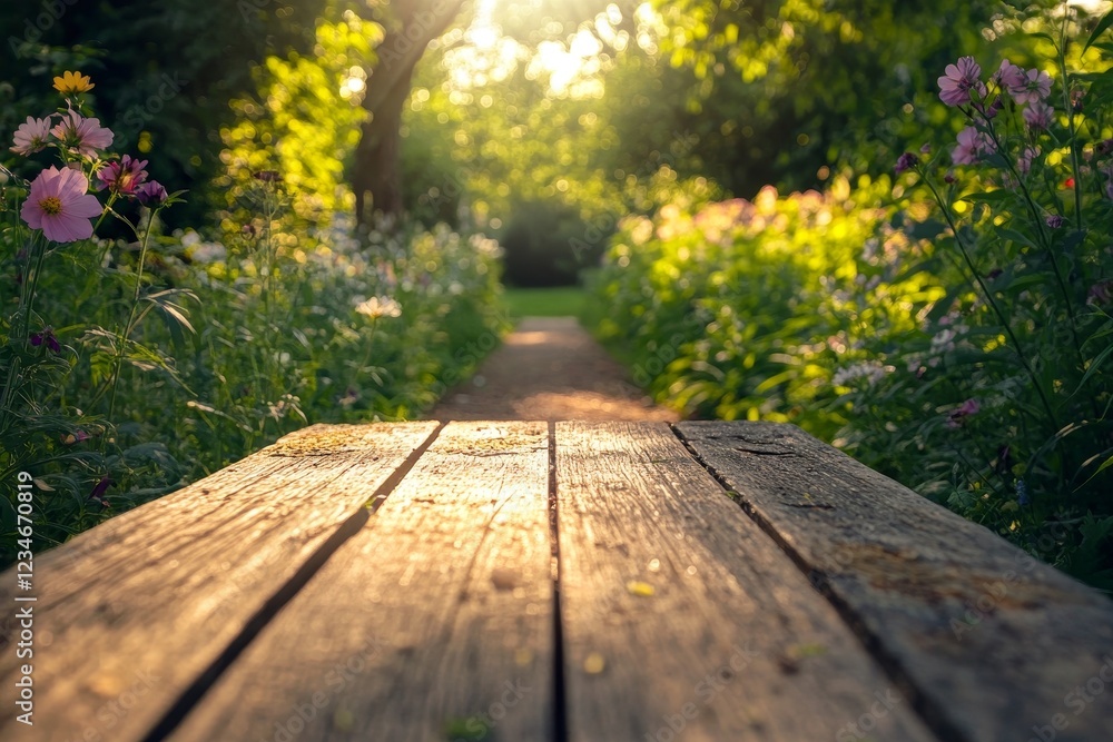 Set amid a garden bursting with color, a wooden table is enveloped by an array of flowers and plants