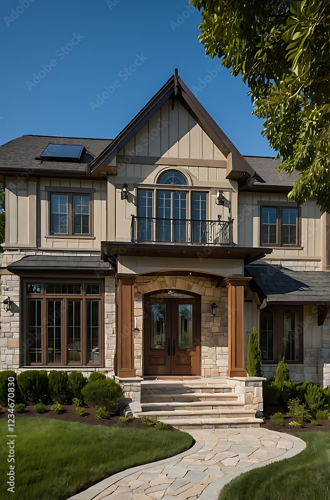 Obraz premium Luxury Home Exterior: Modern Stone Facade, Landscaping, and Spacious Design