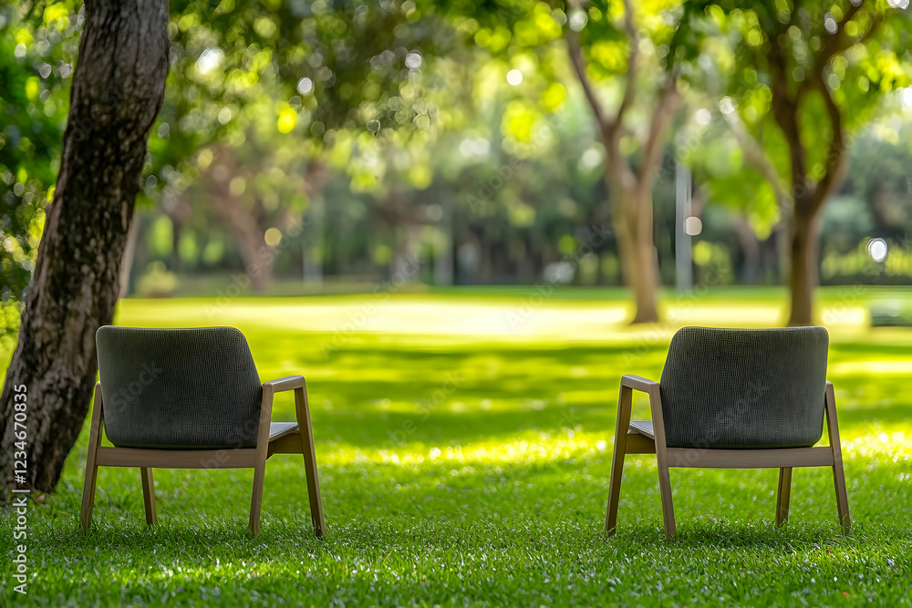 Serene park chairs under sunlit trees Serene park chairs under sunlit trees