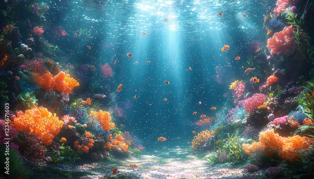 Vibrant Underwater Reef Scene With Colorful Fish and Coral Vibrant Underwater Reef Scene With Colorful Fish and Coral