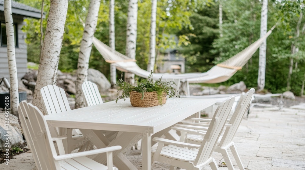 Summer Picnic in a Serene Birch Forest with White Plastic Chairs, a Wooden Table, and Hammocks Summer Picnic in a Serene Birch Forest with White Plastic Chairs, a Wooden Table, and Hammocks