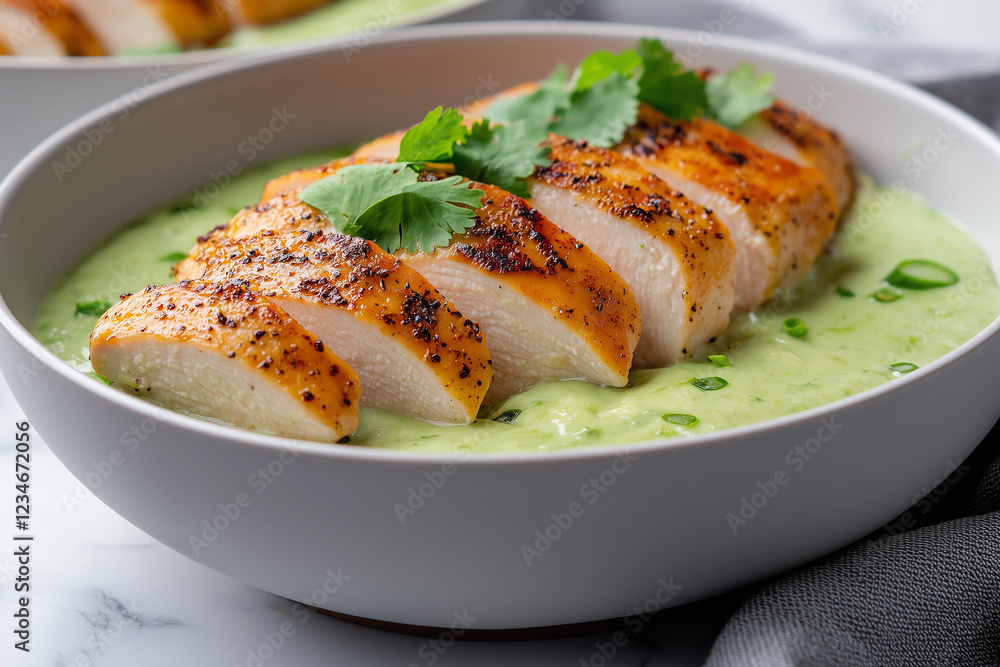 Deliciously grilled chicken breast served on creamy spinach sauce with fresh herbs and green onions Deliciously grilled chicken breast served on creamy spinach sauce with fresh herbs and green onions