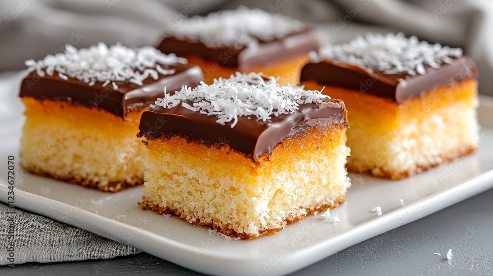 Delicious Chocolate Coconut Dessert Squares with Creamy Layers on a White Plate Surrounded by Soft Fabrics Delicious Chocolate Coconut Dessert Squares with Creamy Layers on a White Plate Surrounded by Soft Fabrics