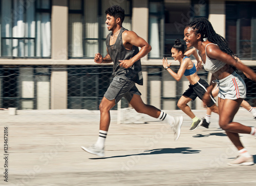 Foto Exercise, diversity and athlete outdoor running for health, wellness or training together in sportswear