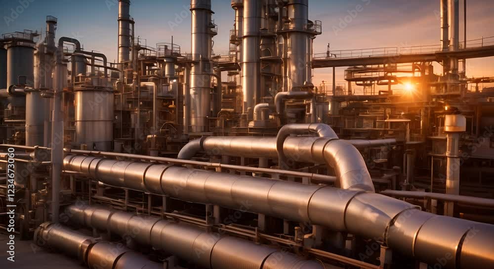 An oil refinery as an industrial estate with sunset lights and Steel pipe factory equipment in the petroleum industry producing upstream oil and gas as a background 4K An oil refinery as an industrial estate with sunset lights and Steel pipe factory equipment in the petroleum industry producing upstream oil and gas as a background 4K