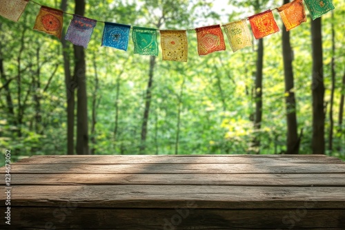 A colorful tableau of bunting flags graces a rustic wooden table, framed by a softly blurred green backdrop photo