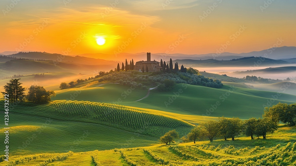 Naklejka premium Sunrise over vineyard hills tuscany landscape photography serene environment wide-angle view nature's beauty