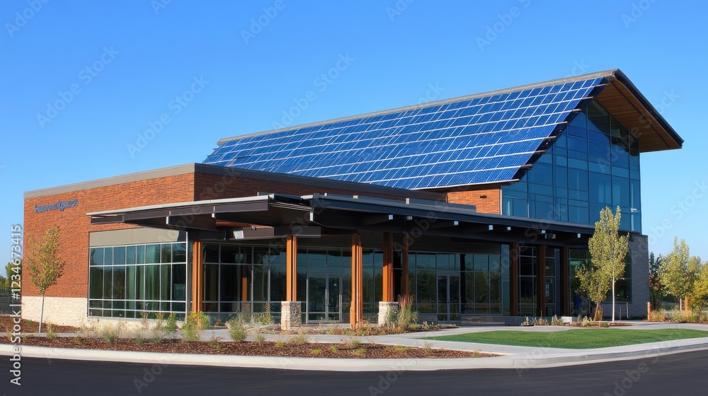Naklejka premium Modern Sustainable Building with Solar Panels